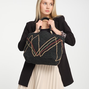 Handmade Black Crochet Paper Yarn Tote Bag with Colorful Design - Mother’s Day Gift Boho Shoulder Purse for Women