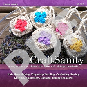 Könnte beinhalten: Titelbild des Magazins CraftSanity mit einer Nahaufnahme von gehäkelten Quadraten mit verschiedenen farbigen Blumen in der Mitte. Der Titel des Magazins lautet "CraftSanity" und der Slogan lautet "Ein Magazin für alle, die handgemachtes lieben". Das Magazin listet auch "Hula-Hoop-Herstellung, Fingerloop-Flechten, Häkeln, Nähen, Stricken, Sticken, Einmachen, Backen und mehr!" auf.