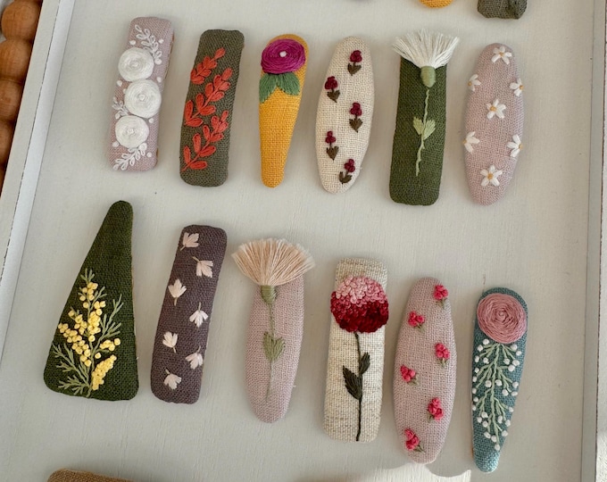 Flower Linen Hair Clips, Handmade Floral Embroidered Hair Clips, Cute ...