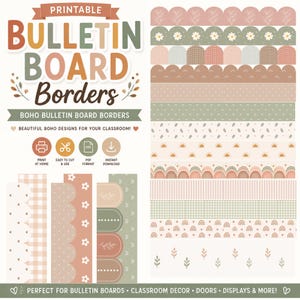Könnte beinhalten: Ein Set aus druckbaren Pinnwandbordüren mit verschiedenen Mustern wie gewellten Kanten, Gänseblümchen, Regenbögen, Streifen, Vichy-Karos und botanischen Motiven in gedeckten Erdtönen wie Salbeigrün, Terrakotta, Creme und sanftem Rosa.