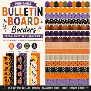 May include: A collection of printable bulletin board borders featuring Halloween-themed patterns including pumpkins, ghosts, witches, bats, and plaid designs in orange, black, and purple. The set includes various scalloped and straight-edged strips.