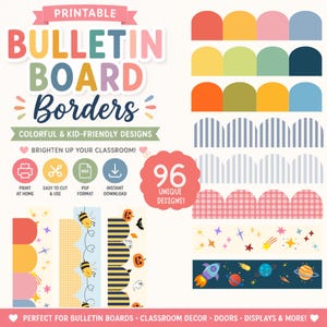 Puede incluir: Una colección digital de bordes para tablones de anuncios imprimibles con 96 diseños únicos. El set incluye bordes festoneados en colores sólidos, rayas, patrones de cuadros y gráficos de estrellas, abejas, calabazas, fantasmas y espacio.