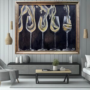 Wine Glasses Oil Painting: Gold Abstract, Neutral Wall Art (55/45 cm)