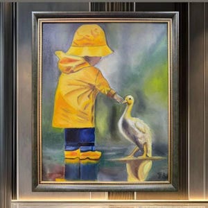Framed Oil Painting, Child and Duck, Italian Acrylics, 40x50