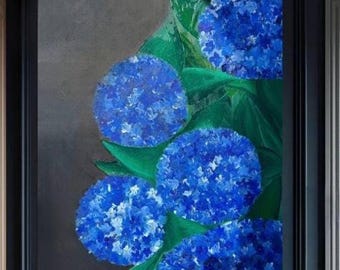 Blue Hydrangea Impasto Painting: Textured Floral Canvas Art