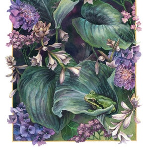 May include: Watercolor painting of a green frog nestled in large, green leaves, surrounded by purple and white flowers. The artwork has a dark background and a gold border, creating a natural, botanical theme.