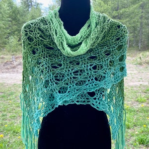 May include: A green and blue crochet shawl with a fringe border. The shawl is made of a lightweight yarn and has a delicate, openwork design.