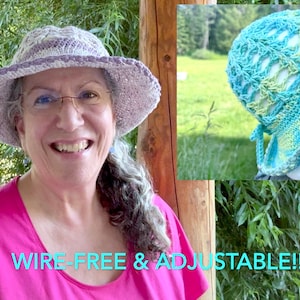 May include: A woman wearing a purple and white crochet sun hat with a wide brim. The hat is wire-free and adjustable. The text "WIRE-FREE & ADJUSTABLE!!" is visible in the image. A second hat, a blue and green crochet sun hat with a wide brim, is shown on a mannequin in the background.