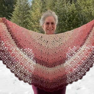 May include: A crocheted shawl in shades of pink, white, and burgundy. The shawl is held up by a person in front of a snowy background.