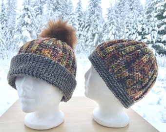 EVERGREEN Tapered, Reversible, Ribbed CROCHET HAT, 2 styles 1 pattern, child to adult sizes, custom and standard fit options