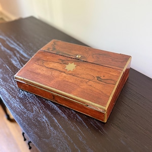 Antique rosewood writing box | English brass inlaid lap desk, 19th century portable stationery box