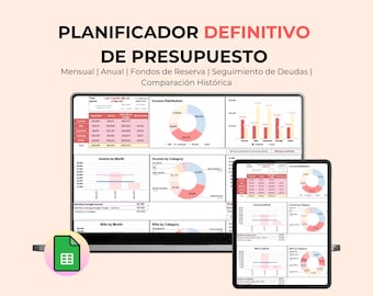 May include: A digital budget planner displayed on a computer monitor and tablet. The screen shows charts and graphs for income, expenses, and savings. The text "PLANIFICADOR DEFINITIVO DE PRESUPUESTO" is at the top, with additional financial terms.