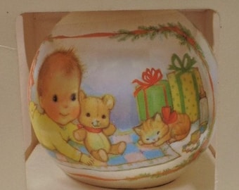 Hallmark Baby's First Christmas Satin Ball Christmas Ornament 1978 RARE NOS Teddy Bear Kitten