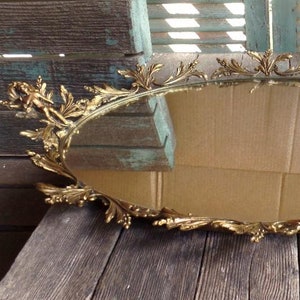Vintage Ornate Mirrored Vanity Tray Cherub Bird Perfume Tray Gold Ornate Ormolu Baroque Rococo
