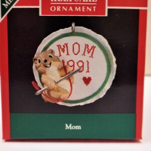 Hallmark Mom Miniature Christmas Ornament 1991 Feather Tree Chipmunk Sewing