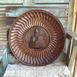 Vintage Large Copper Wall Plaque Church Scene Religious Art Copper Tray