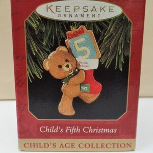 Hallmark Child&#39;s Fifth Christmas Ornament 1997 NRFB NOS Teddy Bear With Stocking