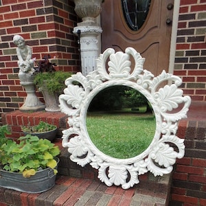Large Vintage Ornate Circular White Distressed Wall Mirror Shabby Chic French Country Wall Hanging