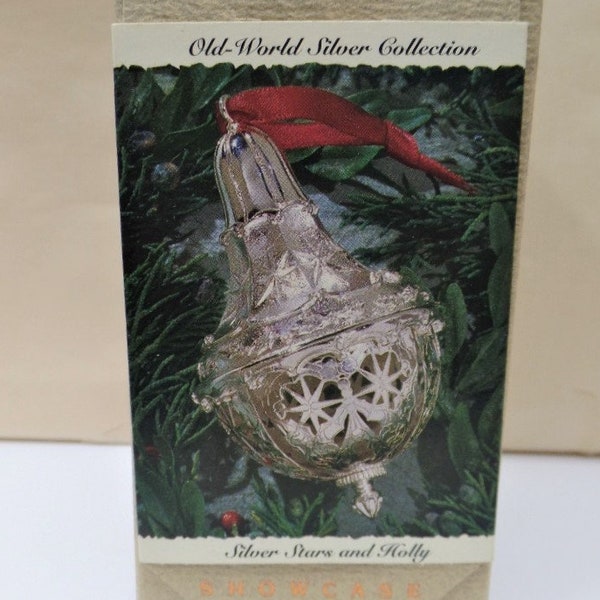 Hallmark Silver Stars and Holly Silver Plated Christmas Ornament 1993 NOS NRFB Old World Silver Collection Filigree Design