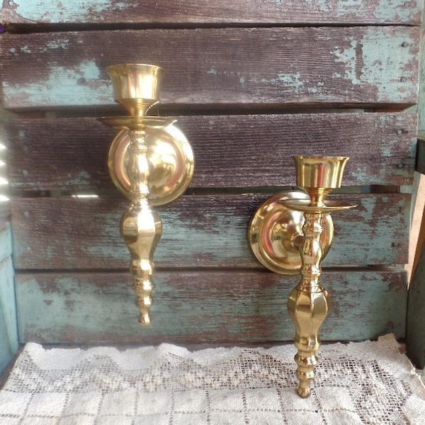 Vintage Pair Solid Brass Wall Sconce Candle Holders Unique Design Hollywood Regency