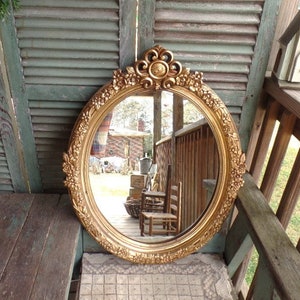 Large Vintage Oval Gold Wall Mirror Hollywood Regency Ornate Floral Design 1970&#39;s