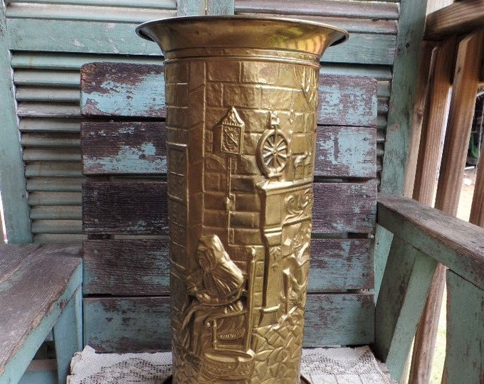 Vintage Embossed Brass Umbrella Stand Mid Century Hollywood Regency
