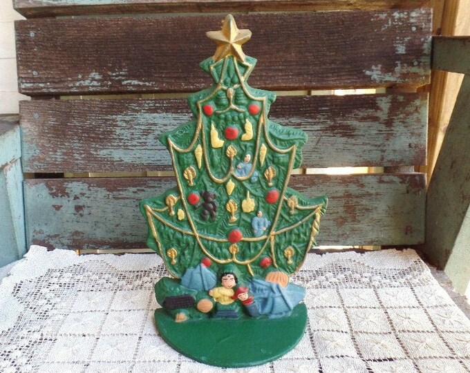 Vintage Cast Iron Christmas Tree Door Stop Gold Star Tree Etsy