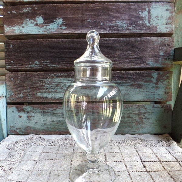 Vintage Clear Glass Pedestal Apothecary Jar Soap Bottle Glass Top