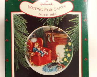 Hallmark Waiting For Santa Porcelain Plate Christmas Ornament 1988 New Kids in Chair