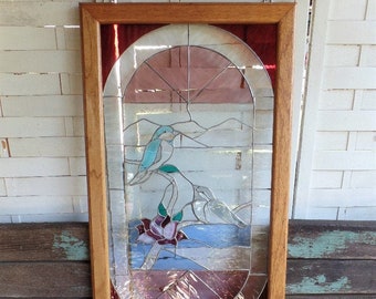 Vintage Framed Stained Glass Wall Hanger with Birds Wall Art Suncathcer Birds on Branch Faceted Glass