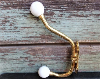 Vintage Brass Double Wall Hook Towel Holder Coat Hook White Porcelain Knobs