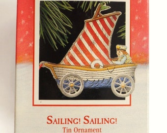 Hallmark Sailing Sailing Tin Christmas Ornament 1988 NOS Tin Sail Boat