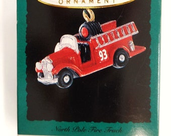 Hallmark North Pole Fire Truck Miniature Christmas Ornament 1993 Feather Tree Fire Engine