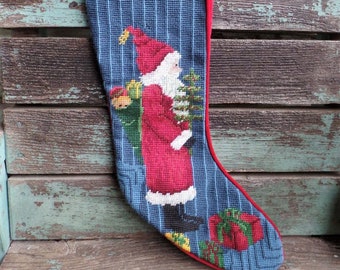 Vintage Needlepoint Christmas Stocking Santa Claus Christmas Tree