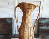 Vintage Wicker Basket Double Handle Jug Floral Arrangement Boho Rattan