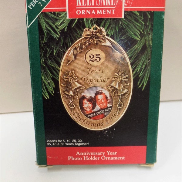 Hallmark Anniversary Year Photo Holder Christmas Ornament 1992 NRFB Brass and Chrome