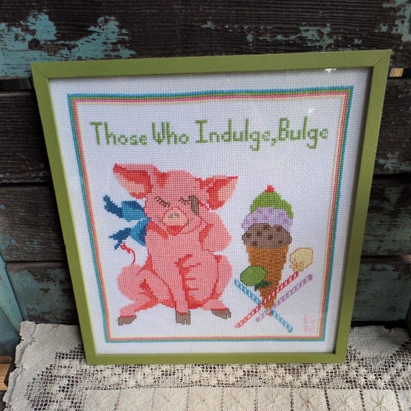 Vintage Framed Cross Stitch Green Frame Pig Ice Cream Those Who Indulge, Bulge 1982