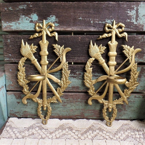 Vintage Pair Solid Brass Wall Sconce Candle Holders Unique Design Hollywood Regency