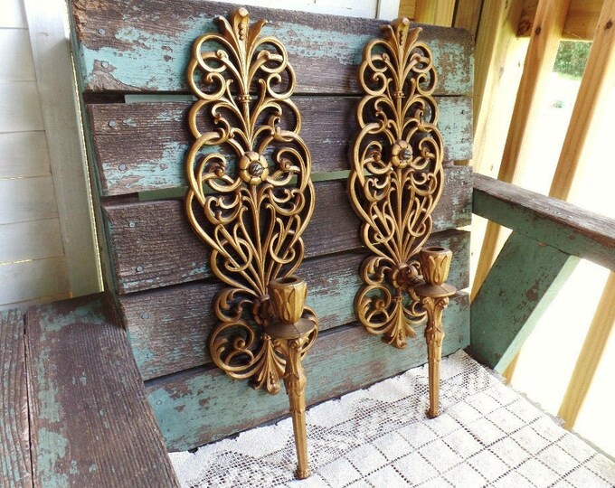 Vintage Set Gold Wall Sconce Candle Holders Burwood Products Hollywood