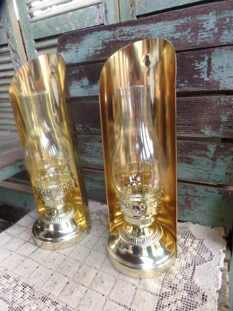 Vintage Pair Brass Oil Lamp Style Candle Holders Brass Wall Etsy