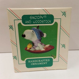 Hallmark Snoopy and Woodstock Christmas Ornament 1986 NOS Snow Sled Snow Disc