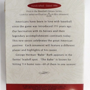 1994 Hallmark Keepsake Ornament Baseball Heroes Babe Ruth Collector's
