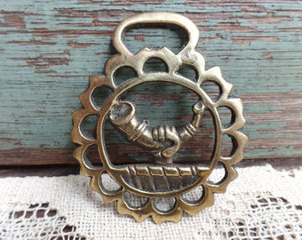 Vintage Solid Brass Horse Badge Hand Holding Horn Design
