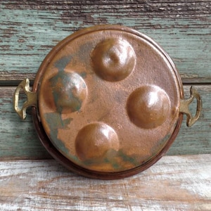 Vintage Small Copper Escargot Saute Pan Double Brass Handles Egg Pan