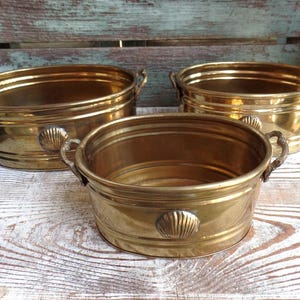 May include: Three oval brass planters with shell-shaped handles. The planters are nested inside each other, with the largest planter at the bottom and the smallest planter at the top.
