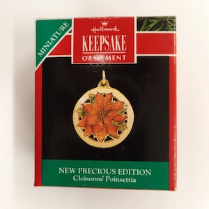 Hallmark Cloisonne Poinsettia Miniature Christmas Ornament 1990 Feather Tree Enameled