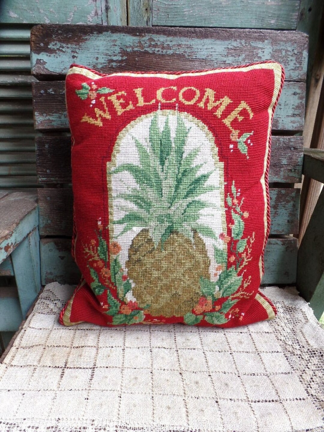 Vintage Needlepoint Pillow Pineapple Floral Design Etsy