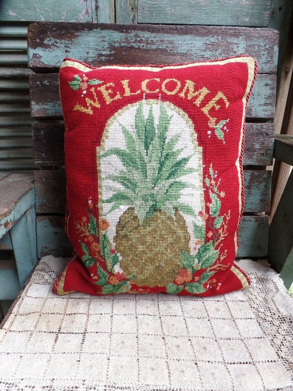 Vintage Needlepoint Pillow Pineapple Welcome Floral Design 