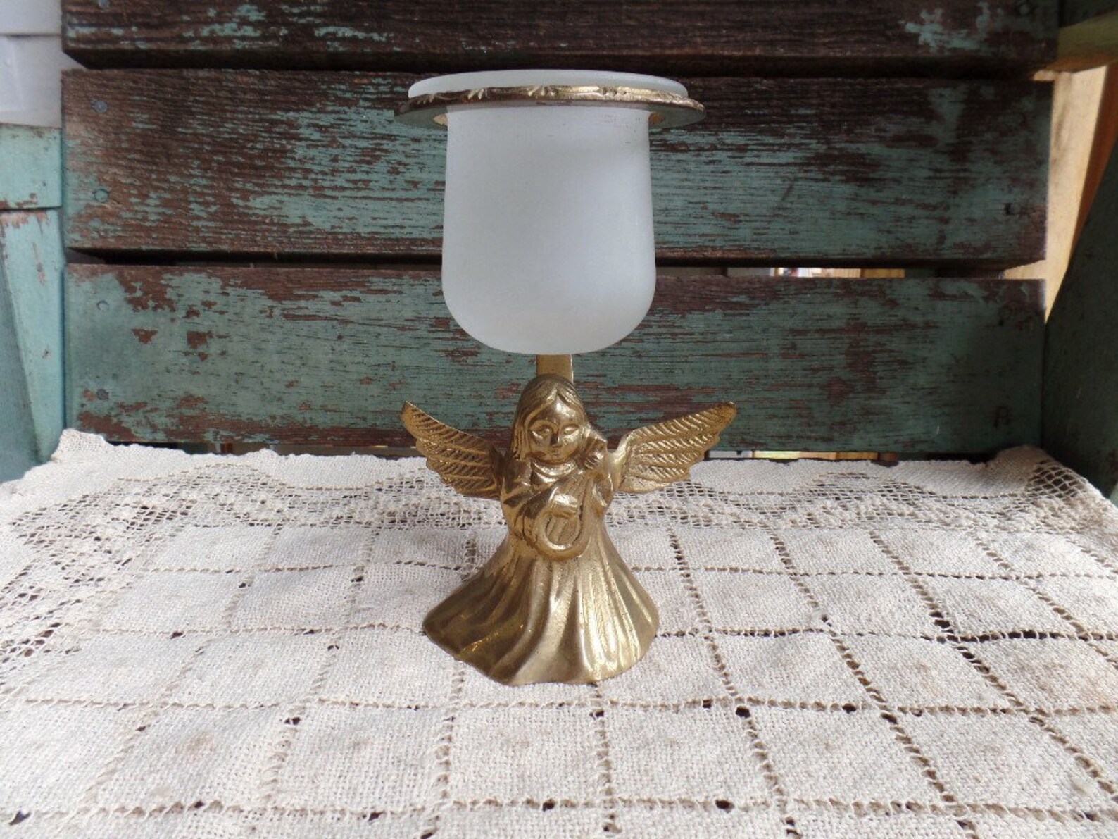 Vintage Brass Angel Candle Holder Frosted Glass Votive Etsy