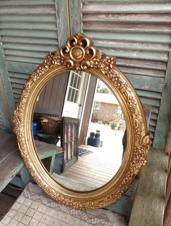 Vintage Gold Ornate Wall Mirror Molded Plastic Baroque Hollywood Regency  Oval